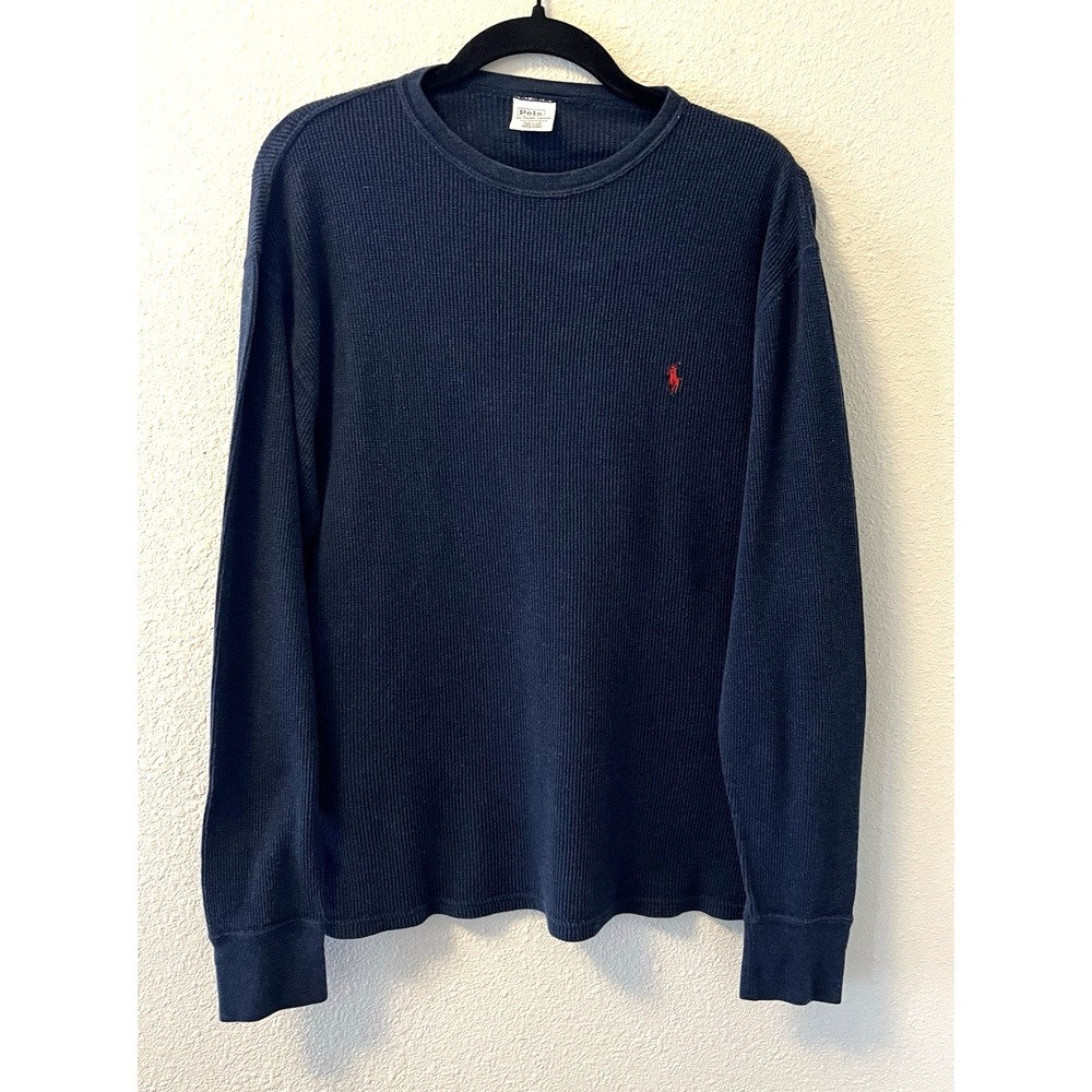 Polo Ralph Lauren Thermal Shirt Mens Med Navy Blue Waffle Knit Crewneck Sleep